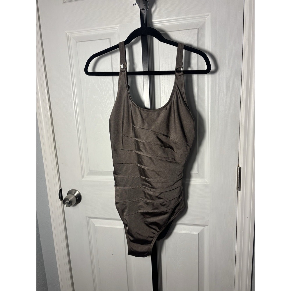 Calvin Klein‎ One Piece Swimsuit Women's Size 12 Brown Ruched Tummy Control Ring